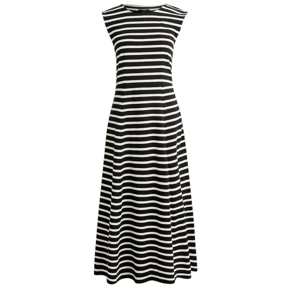 J. Crew Black Striped Cap Sleeve Cotton Knit Midi Dress